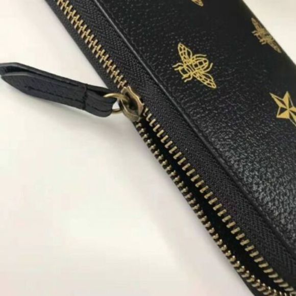 Gucci Black Leather Large Long Wallet Zip Around Gold Oro Bee Star Italy NEW - Picture 6 of 16